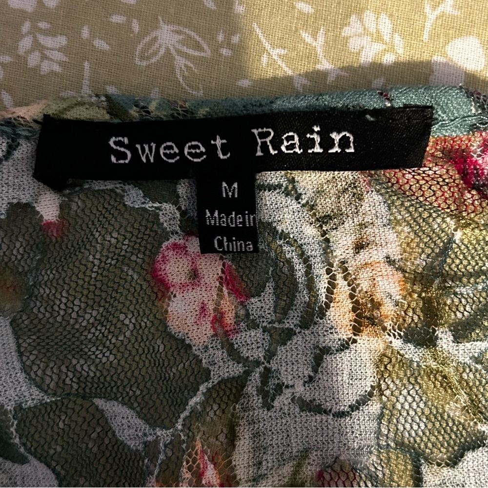 Sweat Rain Floral Fringe Kimono Cardigan Size Medium | Green Lace Boho - Picture 6 of 6